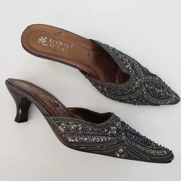 Shoes - Vintage Beaded Sequined Kitten Heel Mules
